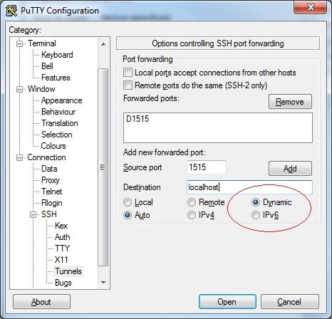 configurando putty para proxy dinâmico